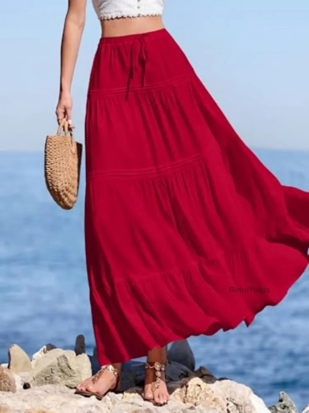 Boho Pleated Maxi Skirt High Waisted Flowy Tiered Skirt Beach Vacation Outfit